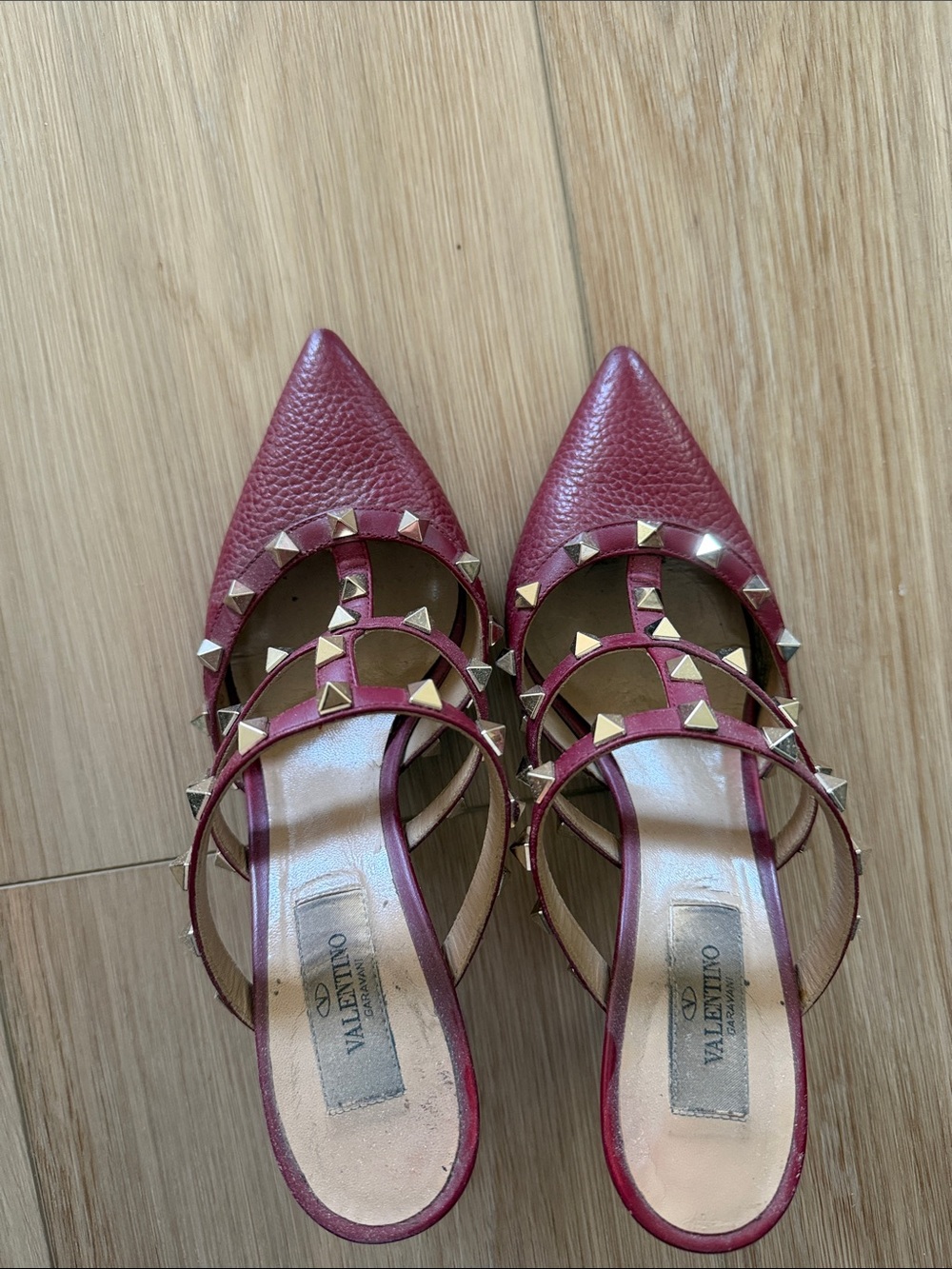 Valentino Berry Red Leather Pointed Rockstud Triple-Strap Mule Heels - Picture 5 of 8